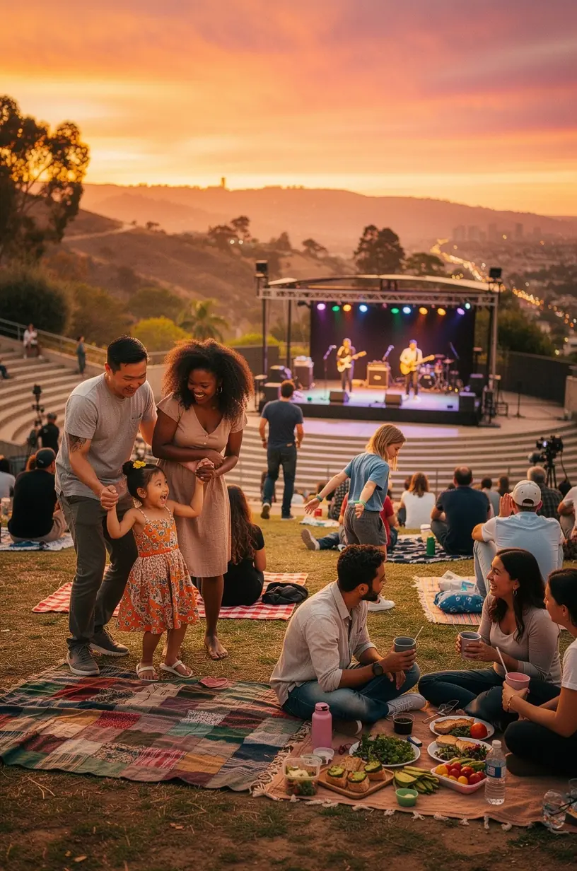 Panoramic view of a large outdoor music festival with multiple stages and enthusiastic attendees under clear skies.
